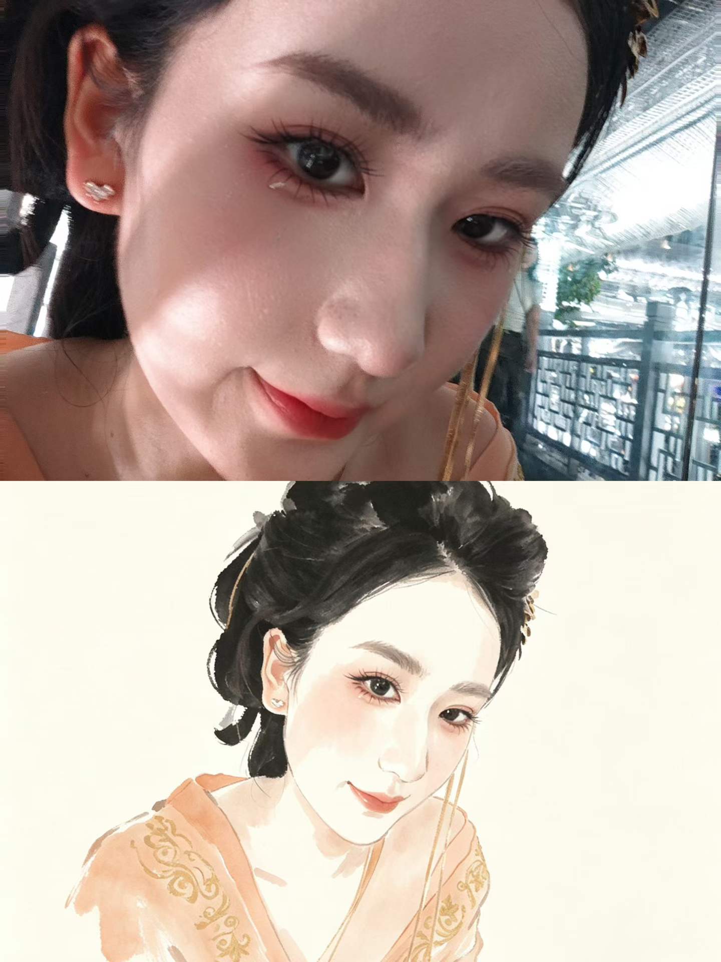 女孩的近距离笑脸与水彩画像