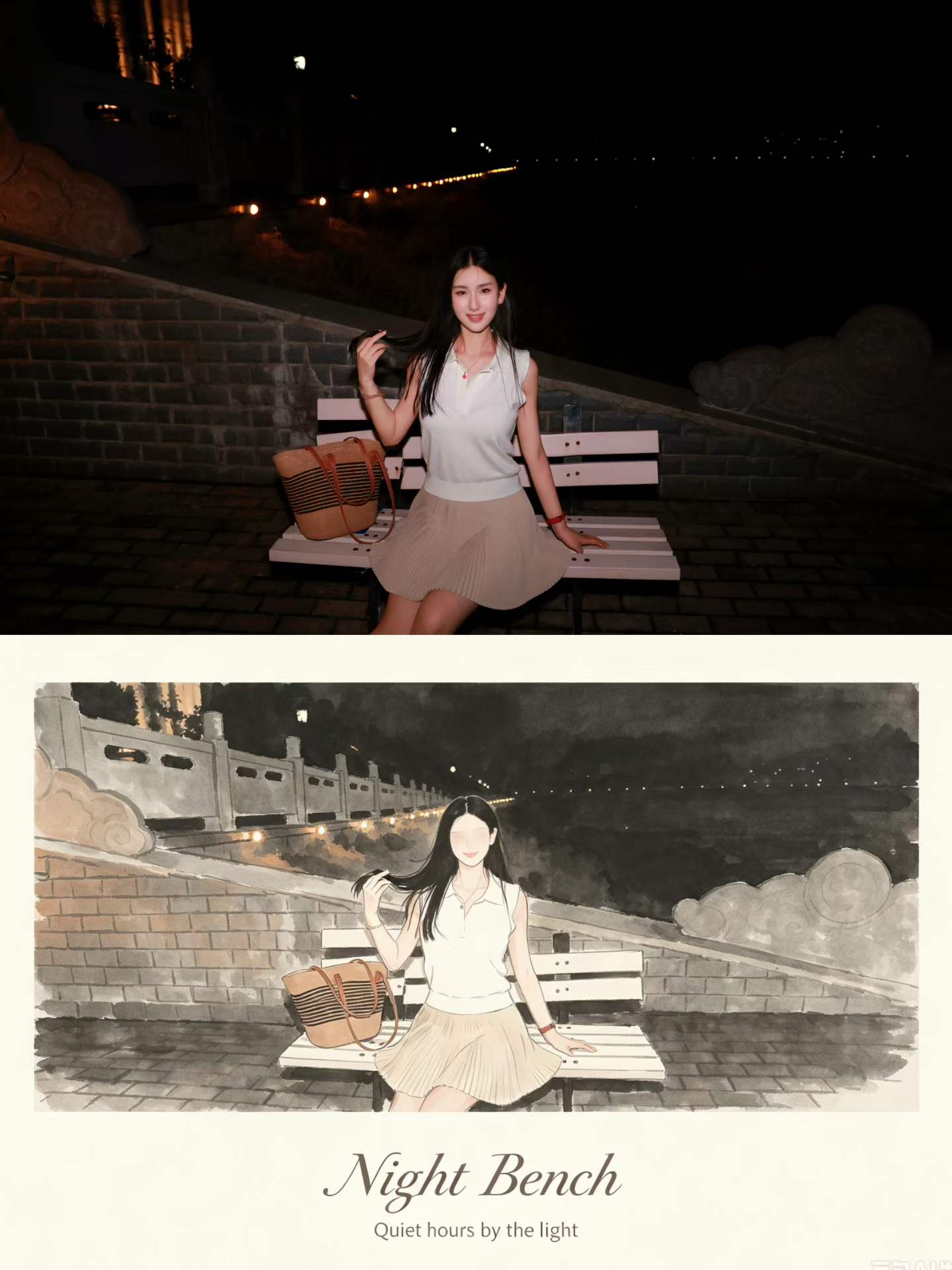 长城夜色中的女孩