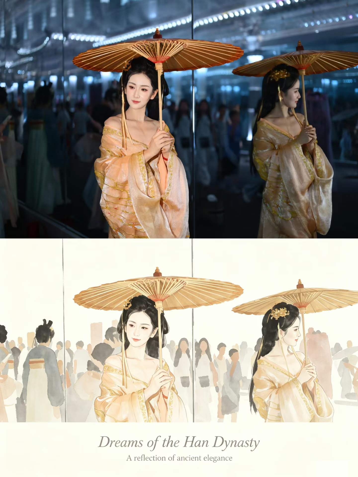 撑着油纸伞的东方女孩与倒影
